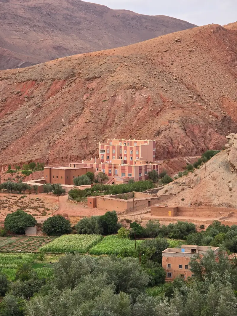 Terraced farms and homes in a rugged Atlas valley
