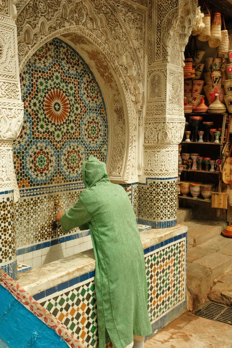 Traditional tiled fountain in the Fez medina