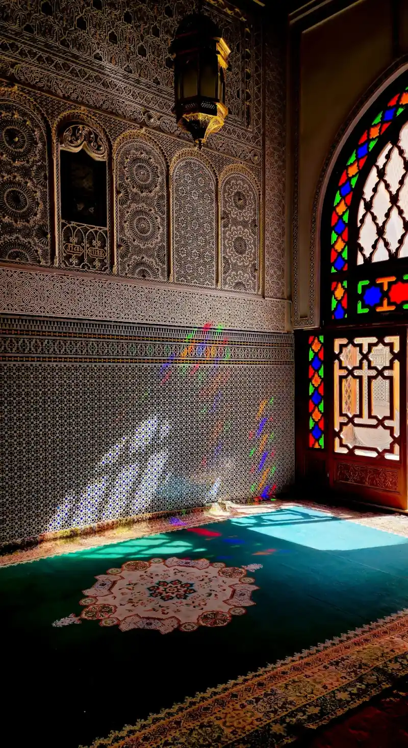 Sunlight through stained glass in a Fez interior