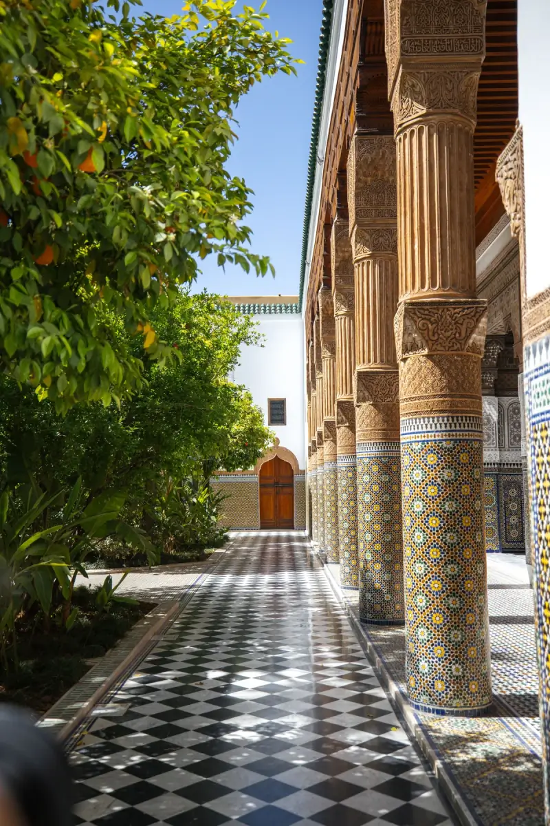 Sunlit courtyard of a traditional riad in Marrakech