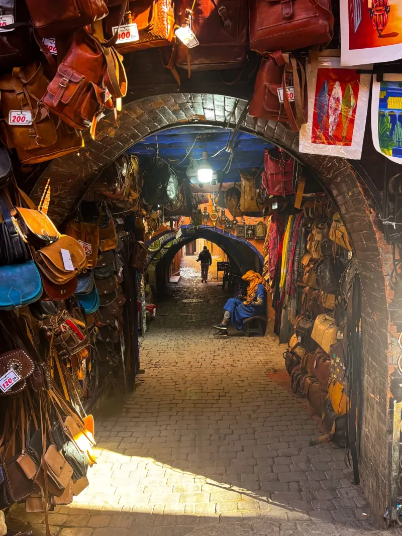 Leather stalls inside a Marrakech souk