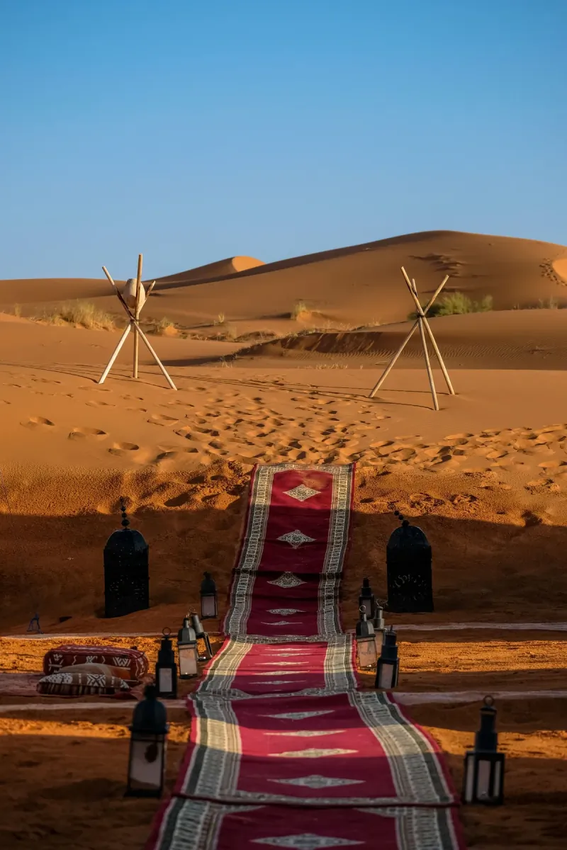 Lantern-lined carpet leading into the Merzouga dunes