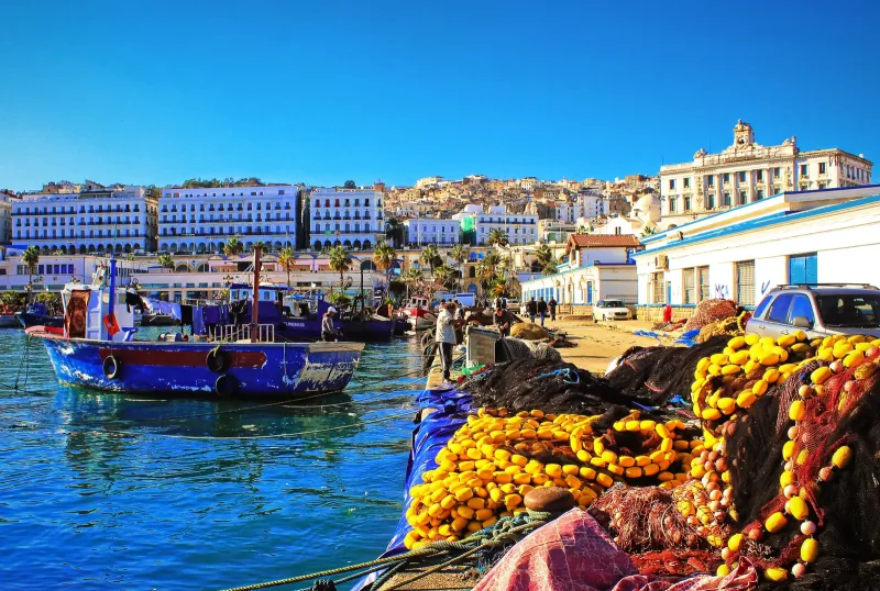 Fishing boats and nets in Tangier harbor